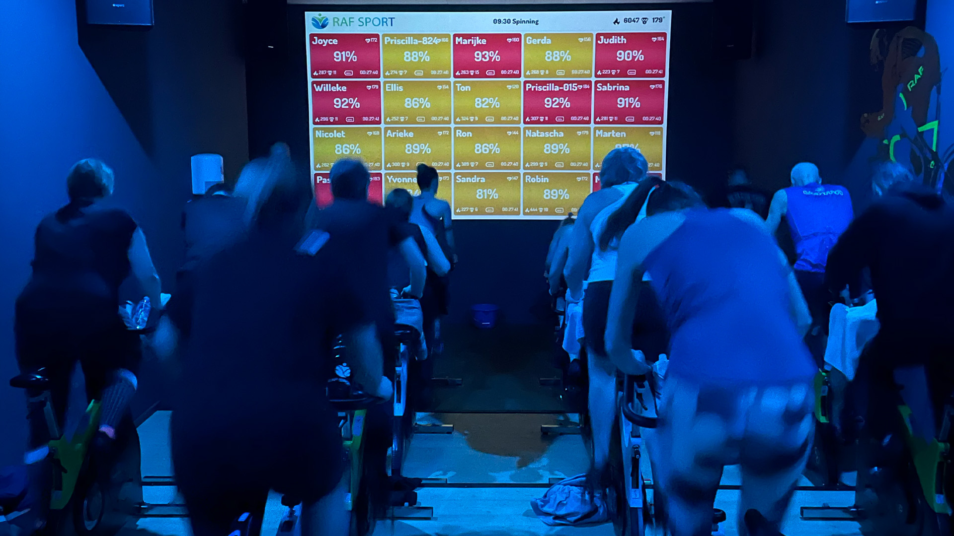 Spinningles bij RAF Sport met verlichting en live hartslagscherm